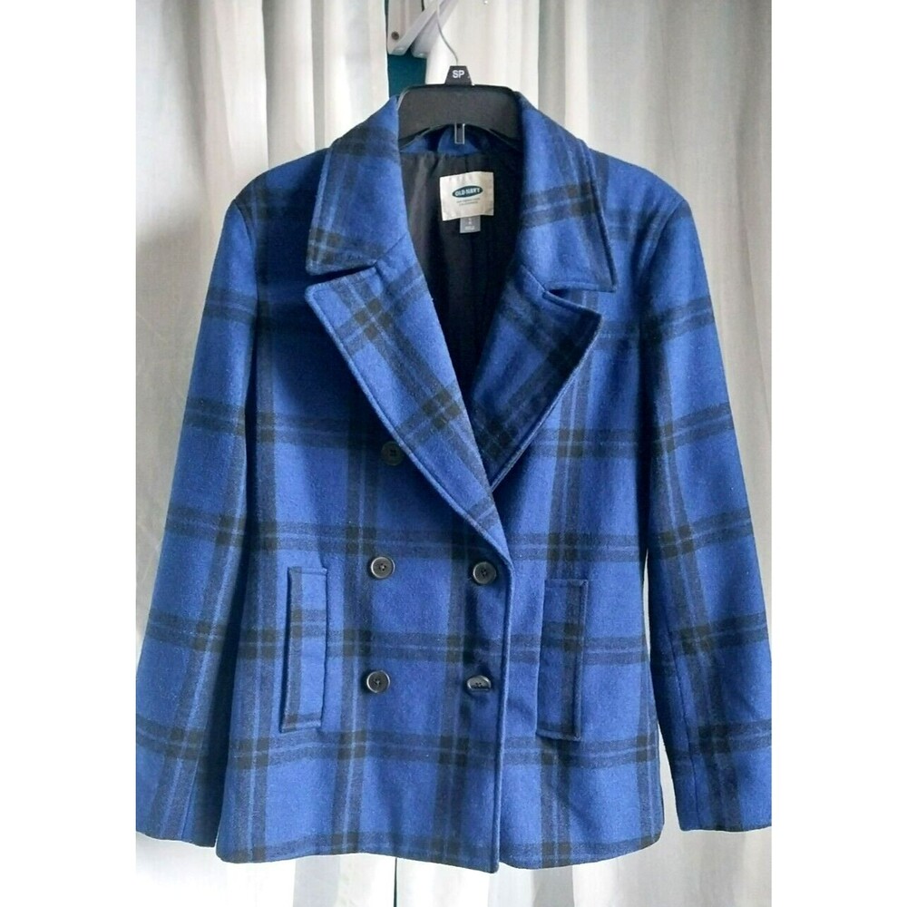 Old Navy Black and Blue Plaid Recycled Wool Blend Pea Coat Size L